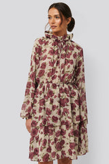 Stylish Pink Fit and Flare Polyester Dress with Long Sleeves and Print Design