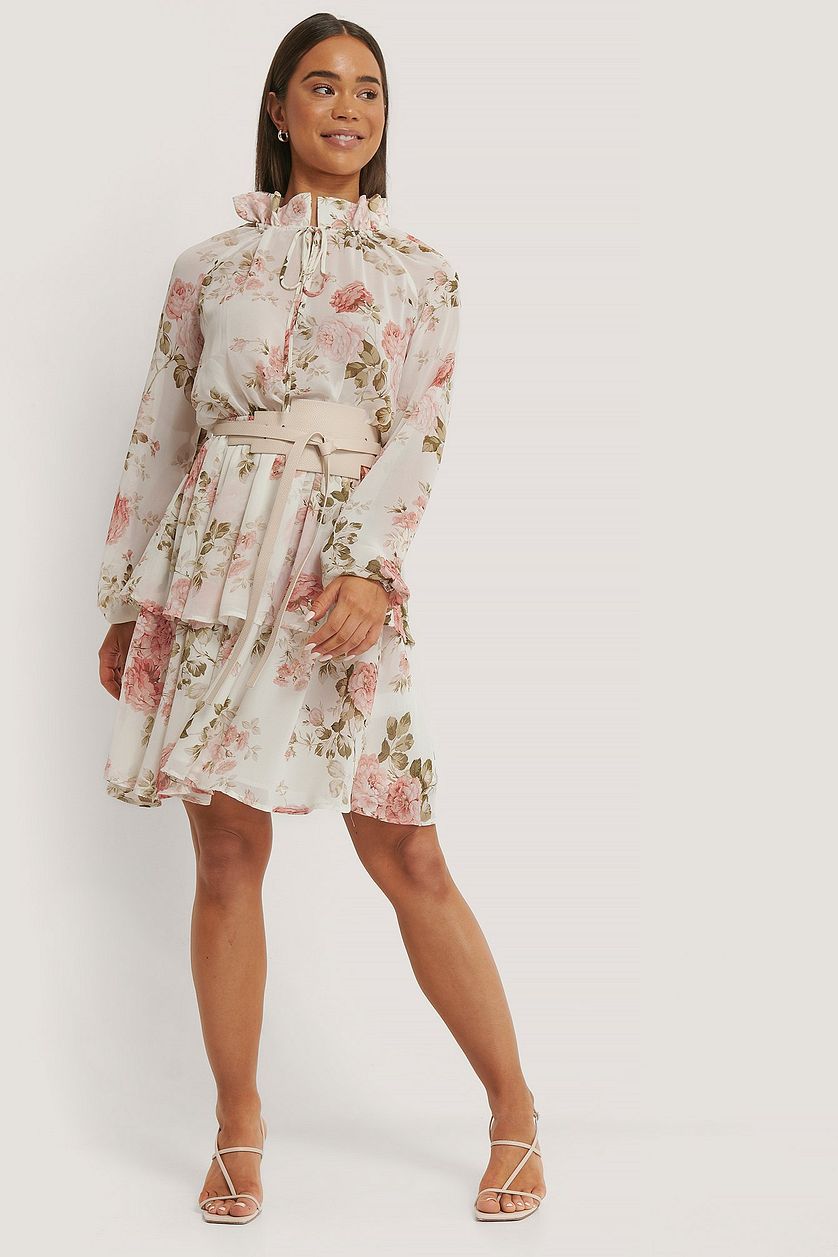 Elegant White Chiffon Fit and Flare Dress with Long Sleeves and Floral Print