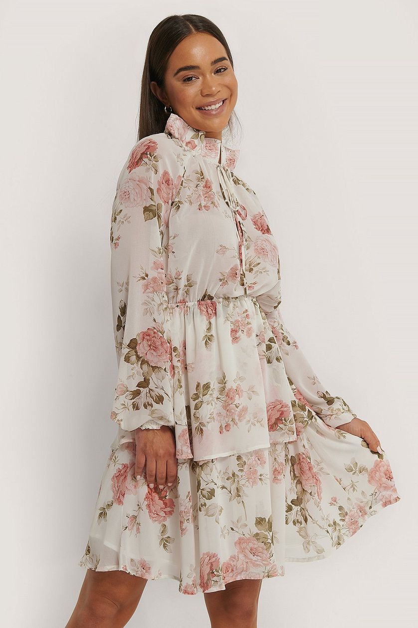 Elegant White Chiffon Fit and Flare Dress with Long Sleeves and Floral Print