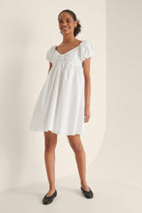 Stylish White Fit and Flare Cotton Dress with Short Sleeves - Solid Design