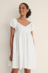 Stylish White Fit and Flare Cotton Dress with Short Sleeves - Solid Design