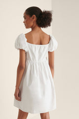 Stylish White Fit and Flare Cotton Dress with Short Sleeves - Solid Design