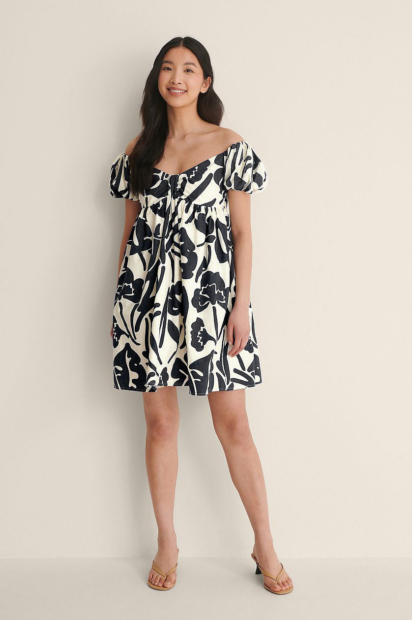 Stylish Blue Fit and Flare Polyester Dress with Printed Design & Short Sleeves