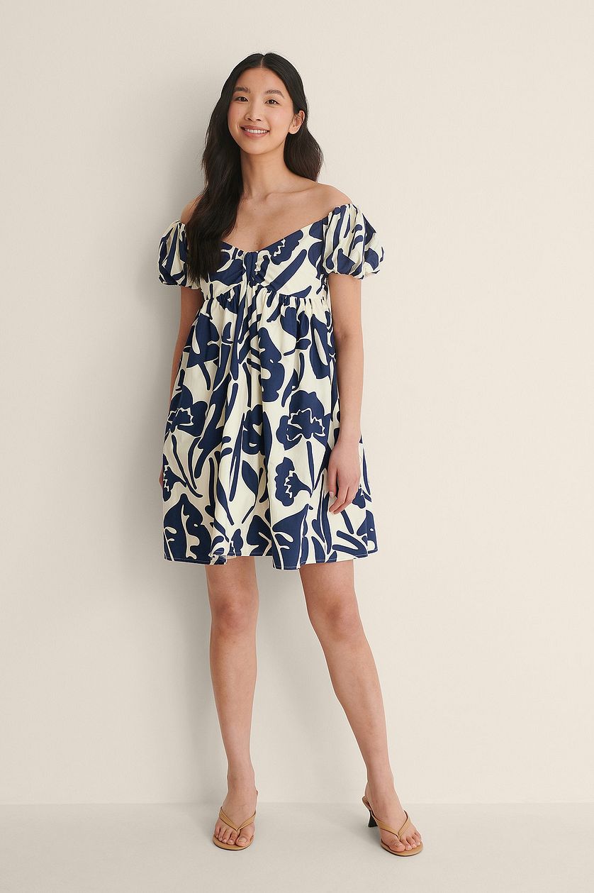 Stylish Blue Fit and Flare Polyester Dress with Printed Design & Short Sleeves