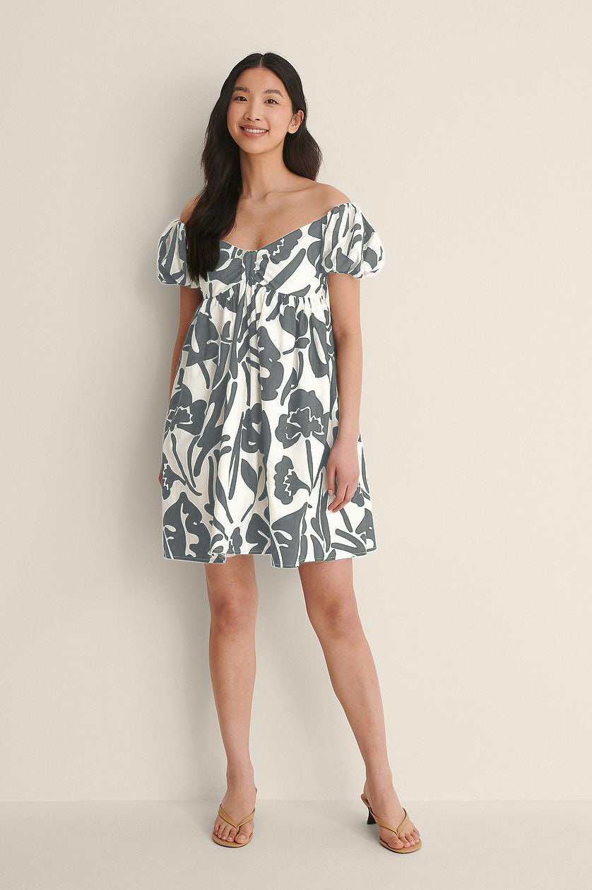 Stylish Blue Fit and Flare Polyester Dress with Printed Design & Short Sleeves