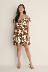 Brown Off Shoulder Mini Polyester Dress