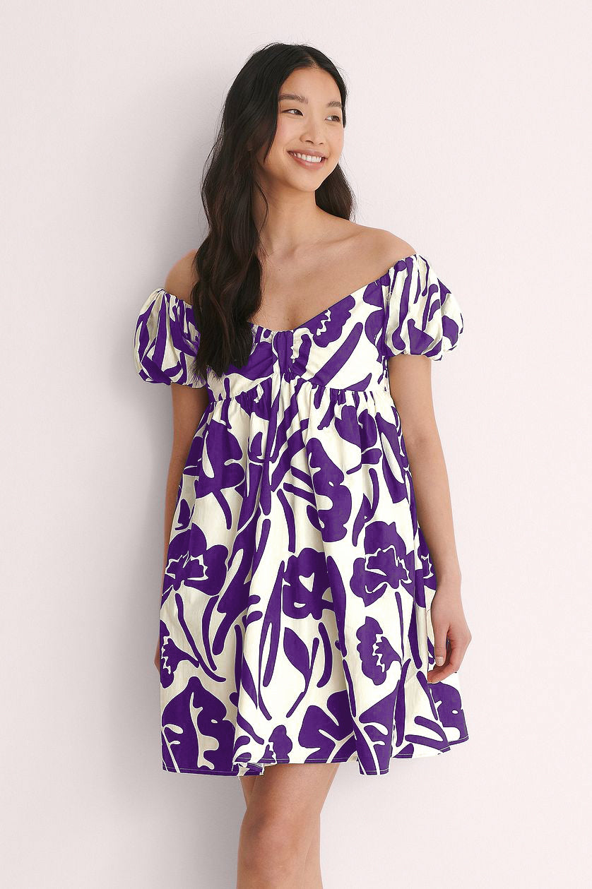 Purple Off Shoulder Mini Polyester Dress