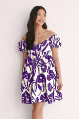 Purple Off Shoulder Mini Polyester Dress