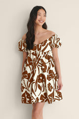 Brown Off Shoulder Mini Polyester Dress