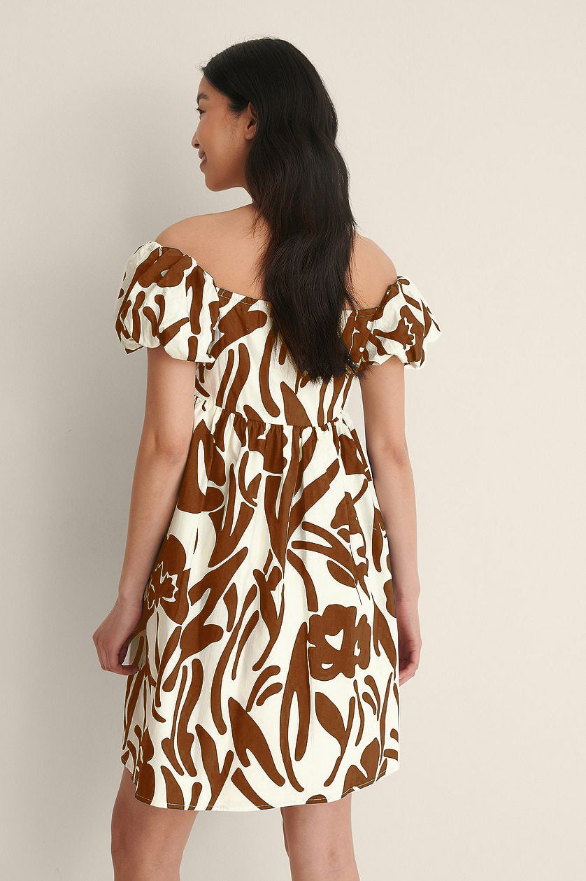 Brown Off Shoulder Mini Polyester Dress