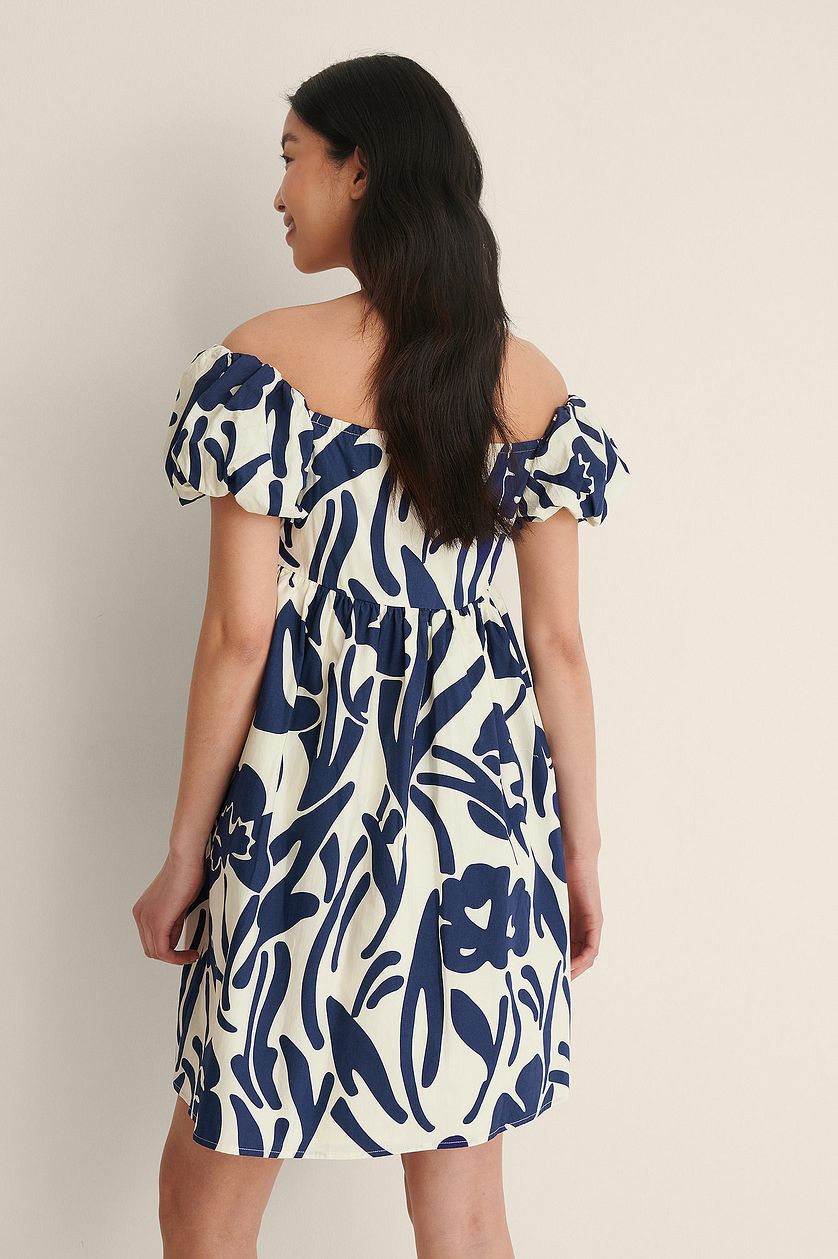 Blue Off Shoulder Mini Poly Rayon Dress