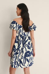 Stylish Blue Fit and Flare Polyester Dress with Printed Design & Short Sleeves