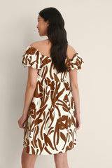 Brown Off Shoulder Mini Polyester Dress