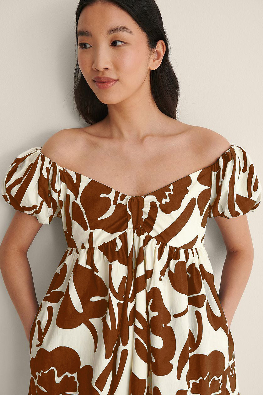 Brown Off Shoulder Mini Polyester Dress