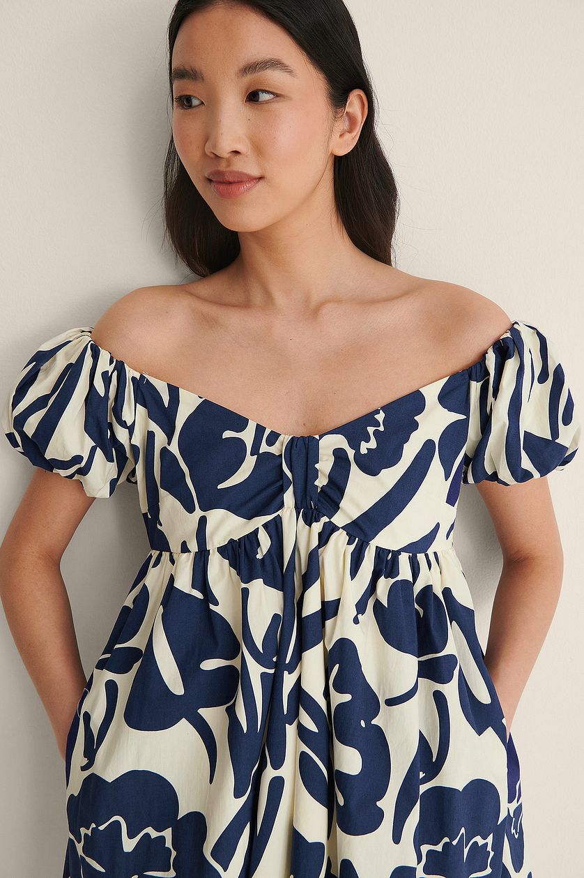 Stylish Blue Fit and Flare Polyester Dress with Printed Design & Short Sleeves