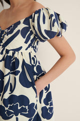 Stylish Blue Fit and Flare Polyester Dress with Printed Design & Short Sleeves