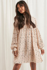 Chic Peach Fit and Flare Georgette Dress with Printed Balloon Sleeves - Shop Now