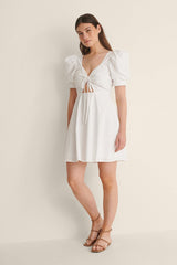 Chic White Rayon Fit and Flare Dress with Puff Sleeves - Tie Front Style