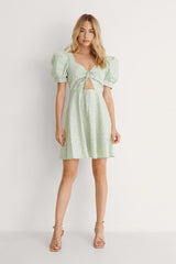 Chic Green Fit and Flare Rayon Dress with Puff Sleeves and Tie Front Design