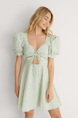 Chic Green Fit and Flare Rayon Dress with Puff Sleeves and Tie Front Design