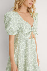 Chic Green Fit and Flare Rayon Dress with Puff Sleeves and Tie Front Design