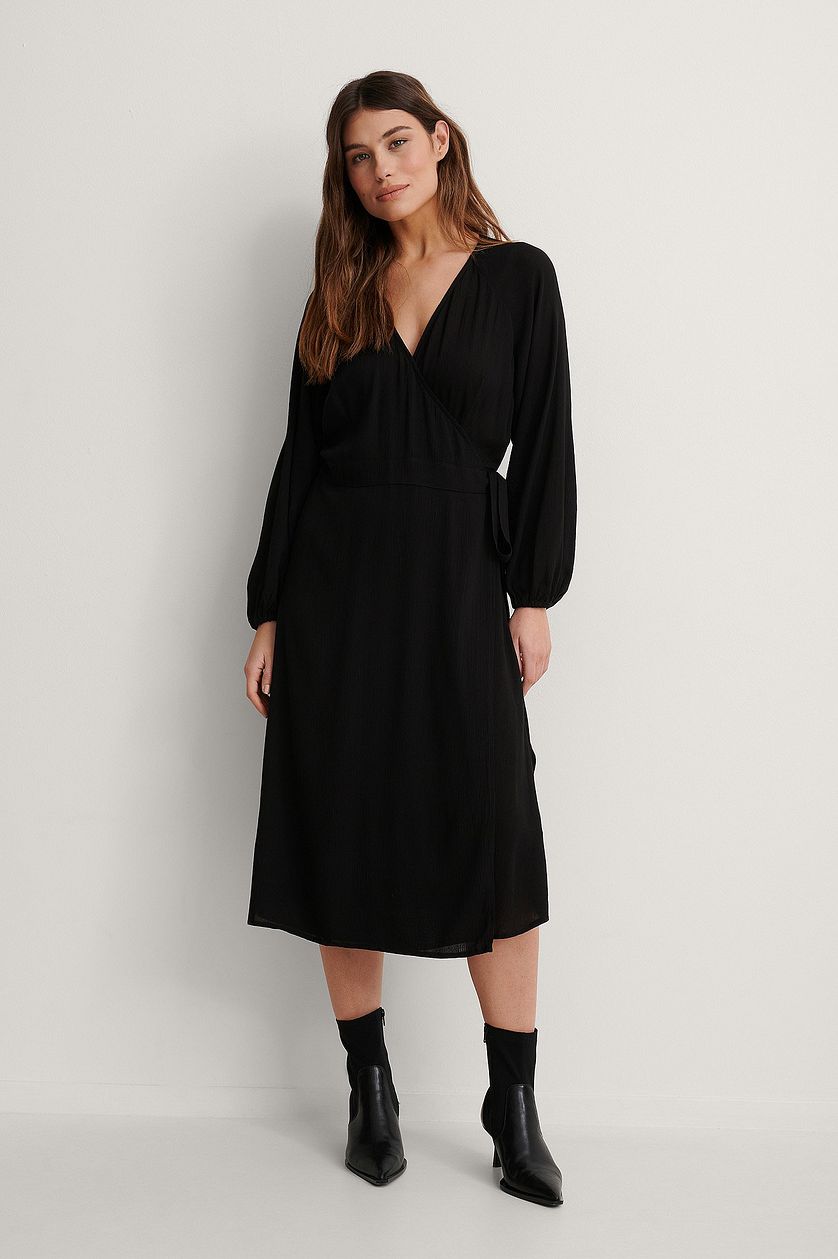 Chic Black Georgette V Neck Overlap Dress with Puff Sleeves - Solid Style Fashion