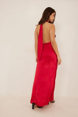 Elegant Red Satin Halter Neck Sleeveless Dress - Perfect for Any Occasion