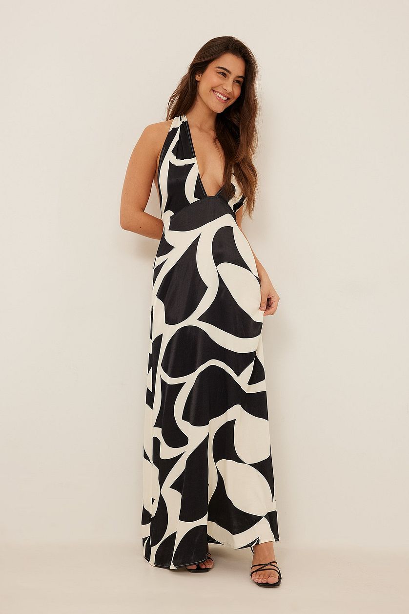 Elegant Black A-line Satin Halter Neck Dress - Sleeveless & Printed Design