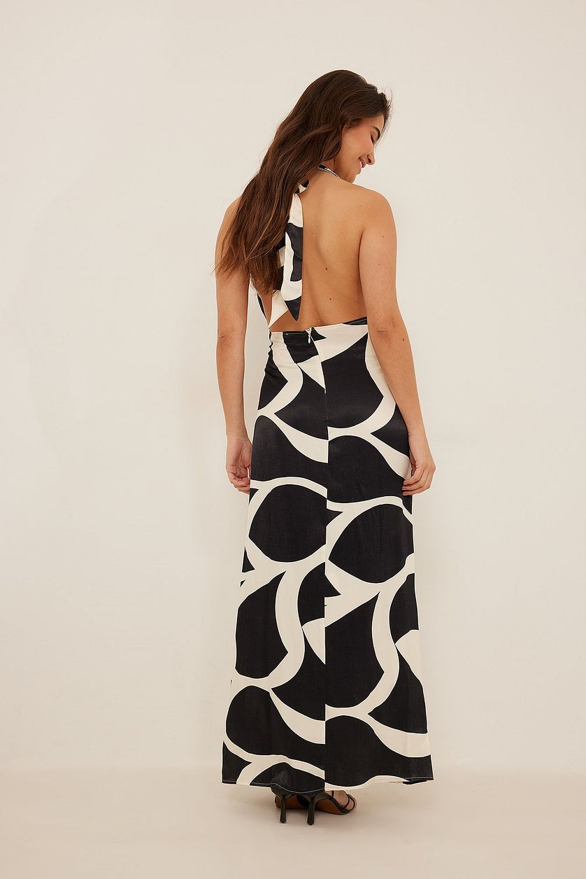 Elegant Black A-line Satin Halter Neck Dress - Sleeveless & Printed Design