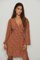 Stylish Brown A-line Crepe Dress with Printed Long Sleeves & V Neck Design