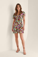 Stylish Multi Wrap Crepe Floral Print V Neck Dress with Flutter Sleeves