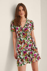 Stylish Multi Wrap Crepe Floral Print V Neck Dress with Flutter Sleeves