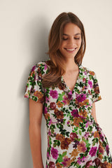 Stylish Multi Wrap Crepe Floral Print V Neck Dress with Flutter Sleeves