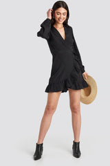 Elegant Black Crepe Lantern Sleeve Wrapped Flounce Dress - Solid Design