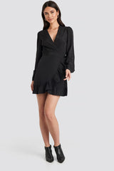 Elegant Black Crepe Lantern Sleeve Wrapped Flounce Dress - Solid Design