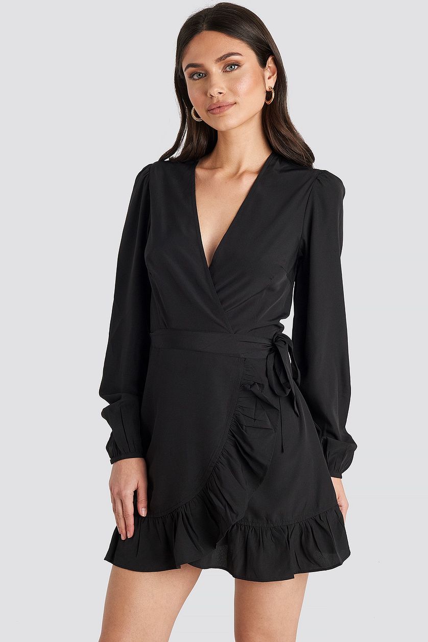 Elegant Black Crepe Lantern Sleeve Wrapped Flounce Dress - Solid Design