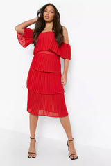 Stylish Red Georgette Tube Dress with Cold Shoulder Sleeves - Solid Design