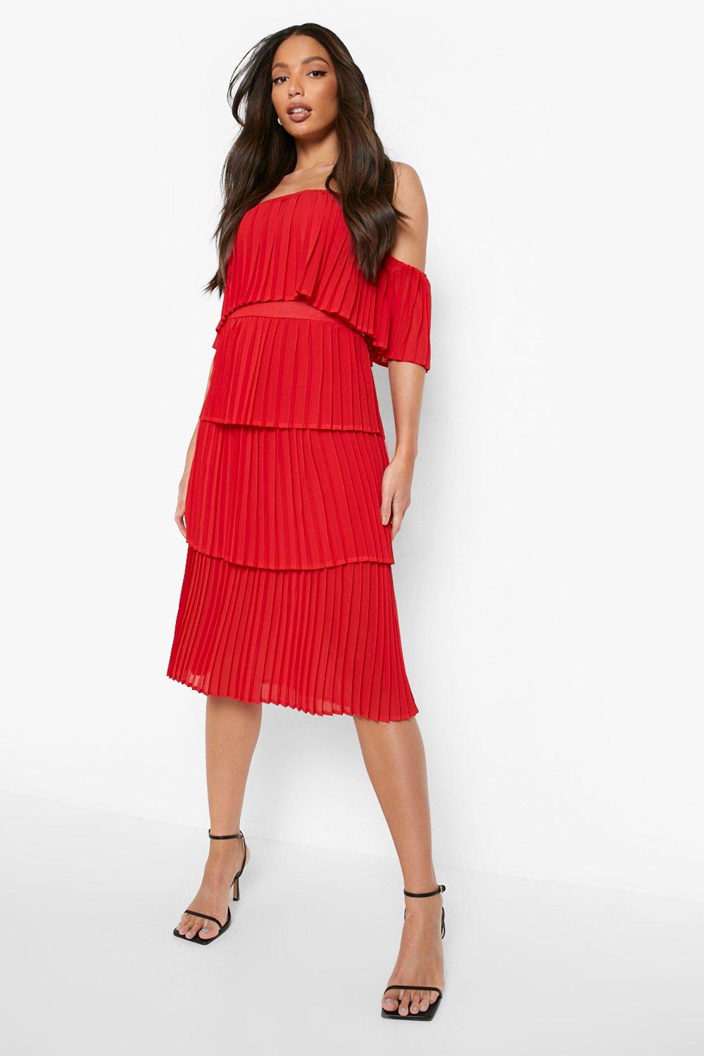 Stylish Red Georgette Tube Dress with Cold Shoulder Sleeves - Solid Design