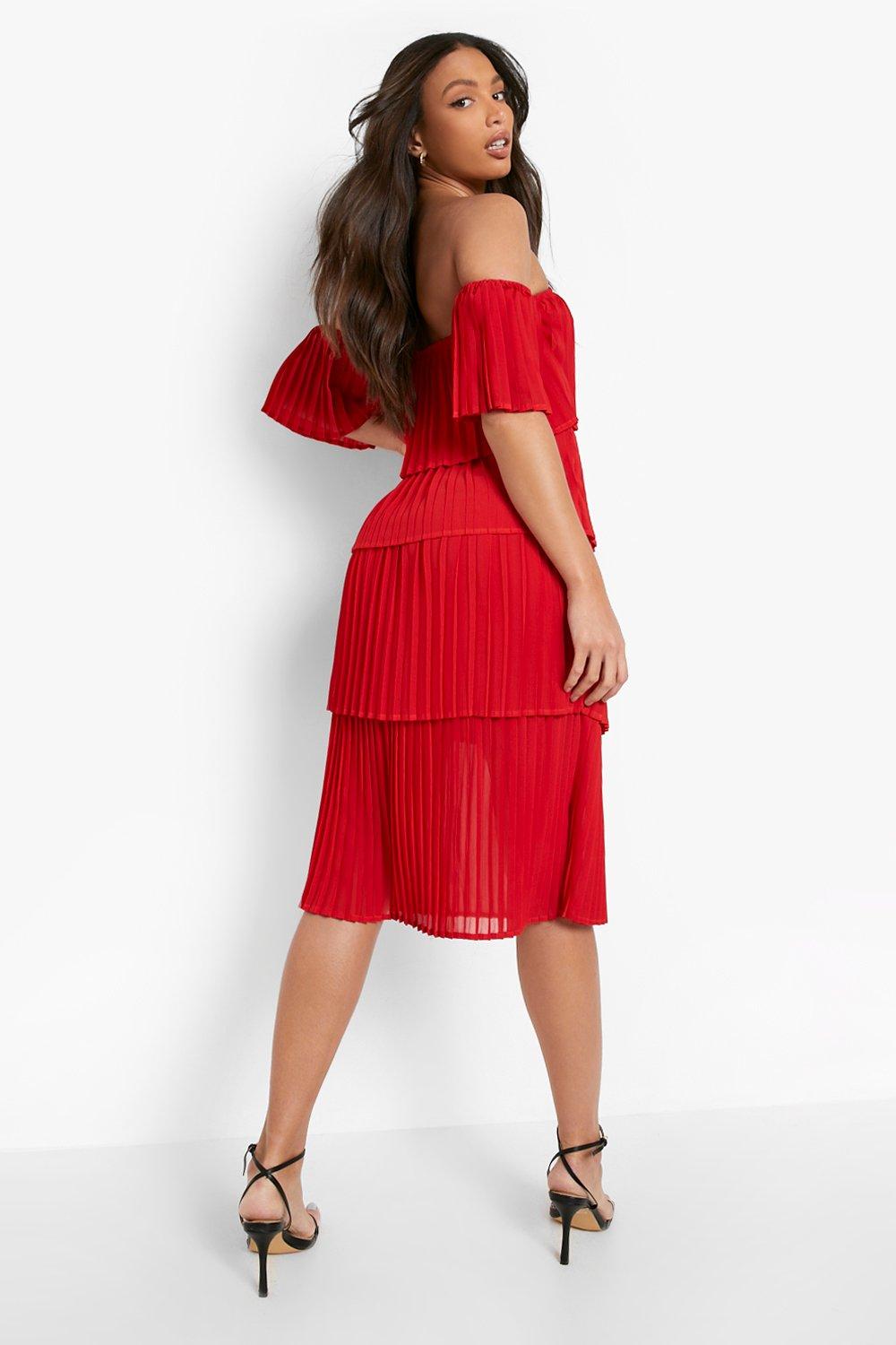 Stylish Red Georgette Tube Dress with Cold Shoulder Sleeves - Solid Design