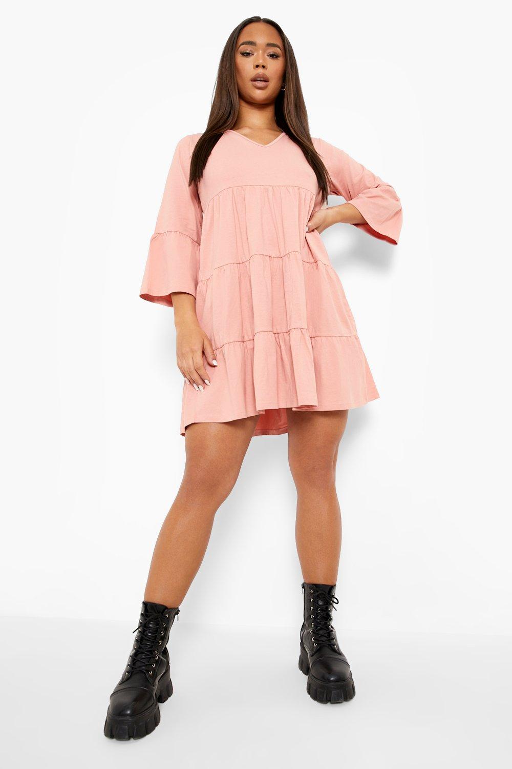 Stylish Pink Tiered Rayon Dress with Bell Sleeves and V Neck - Perfect for Any Occasion