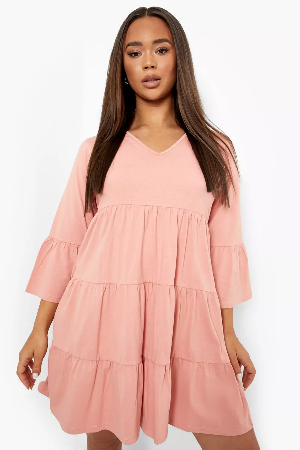 Stylish Pink Tiered Rayon Dress with Bell Sleeves and V Neck - Perfect for Any Occasion