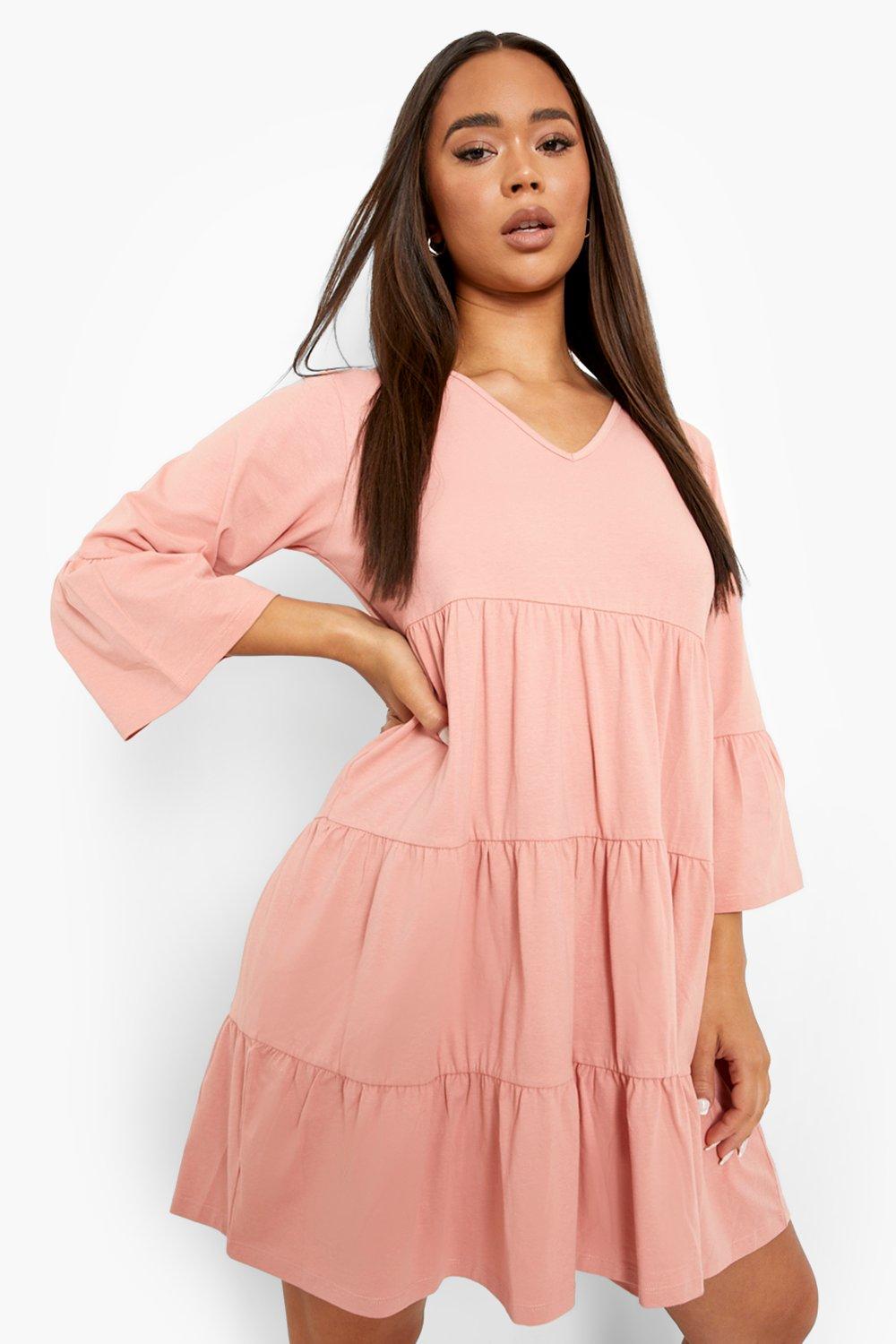 Stylish Pink Tiered Rayon Dress with Bell Sleeves and V Neck - Perfect for Any Occasion