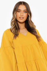 Stylish Mustard Rayon V Neck Dress with Bell Sleeves - Tiered Solid Design