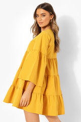 Stylish Mustard Rayon V Neck Dress with Bell Sleeves - Tiered Solid Design