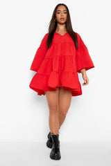 Stylish Red Rayon V Neck Dress with Bell Sleeves - Perfect for Any Occasion