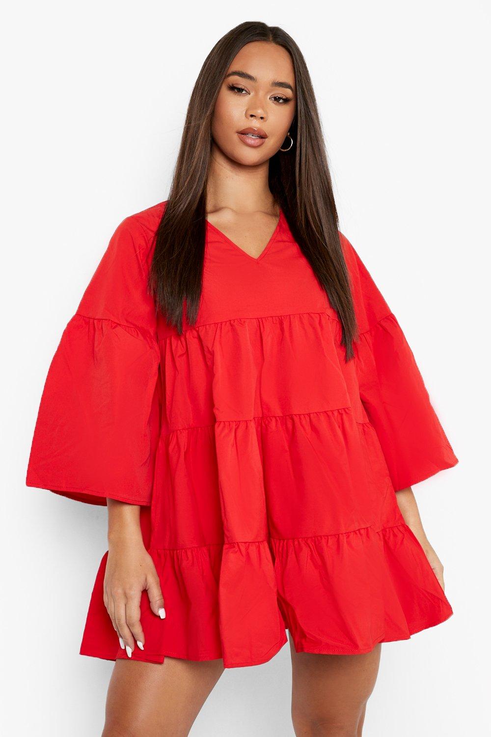 Stylish Red Rayon V Neck Dress with Bell Sleeves - Perfect for Any Occasion