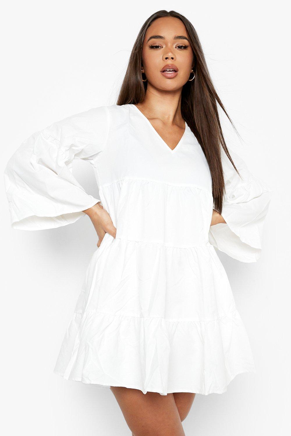 Elegant White Rayon V Neck Dress with Bell Sleeves - Tiered Solid Design