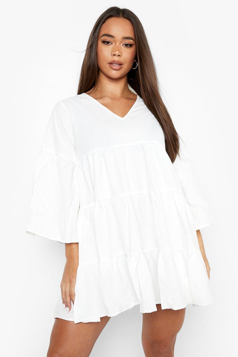 Elegant White Rayon V Neck Dress with Bell Sleeves - Tiered Solid Design