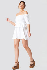 Stylish White Rayon Off Shoulder Frill Dress with Puff Sleeves - Perfect for Any Occasion