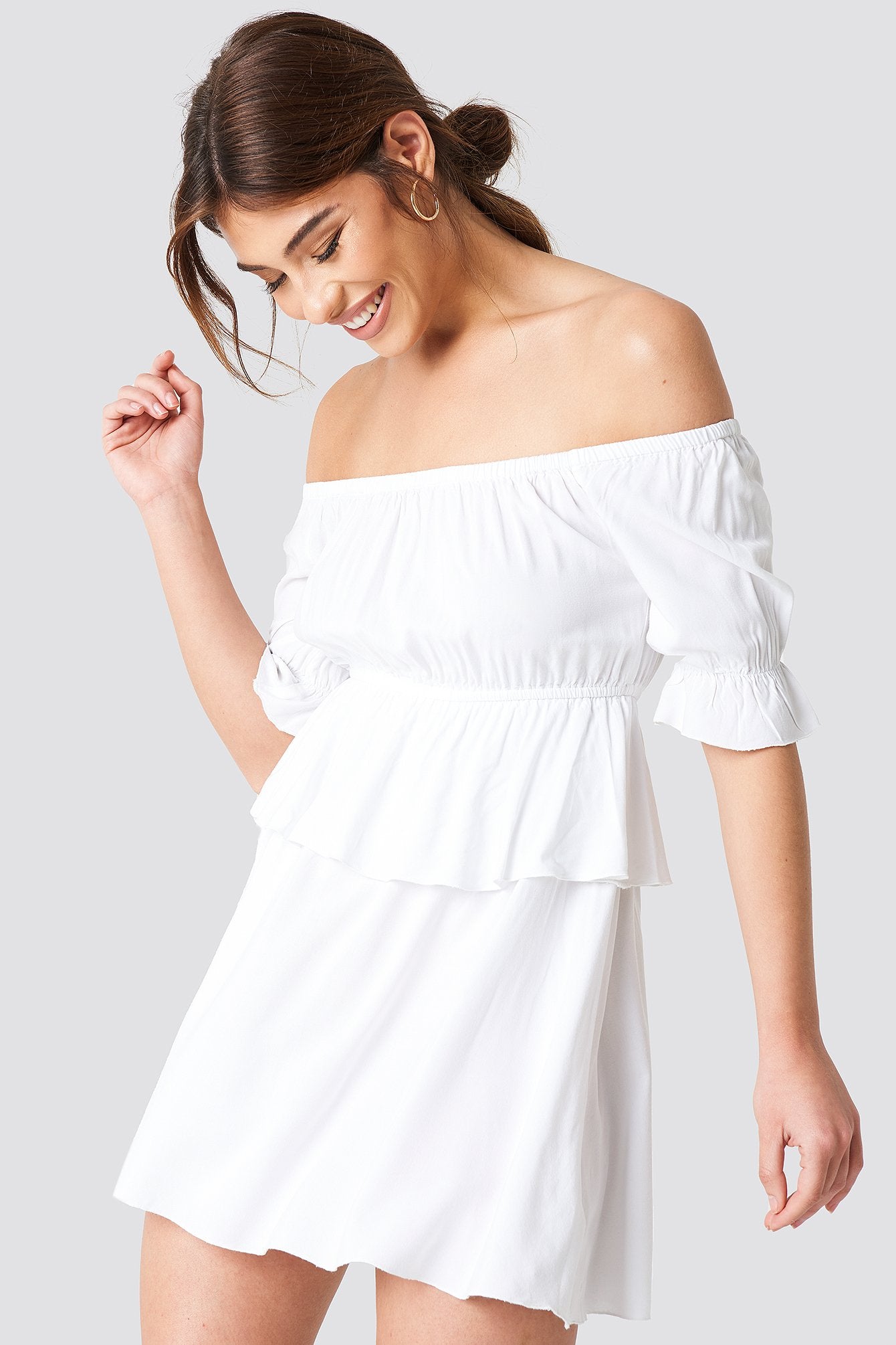 Stylish White Rayon Off Shoulder Frill Dress with Puff Sleeves - Perfect for Any Occasion